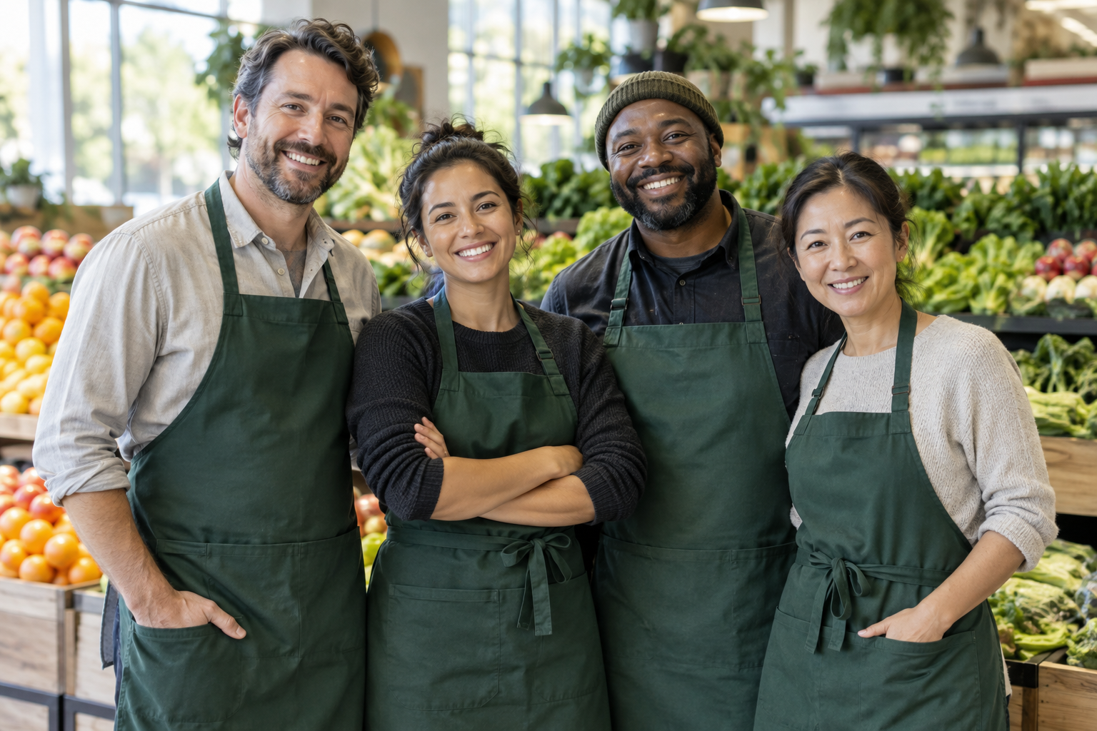 The grocery team welcoming customers in the fresh produce aisle